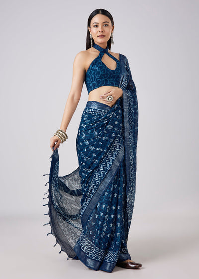 Navy Blue Saree Hand Painted Motif Saree with Blouse