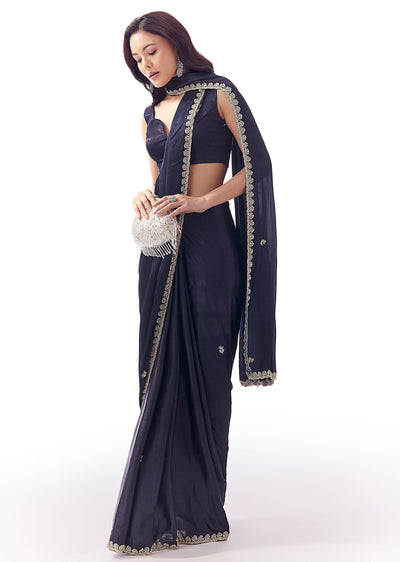Navy Blue Satin Chinon Saree With Scalloped Moti Embroidered Border And Buttis