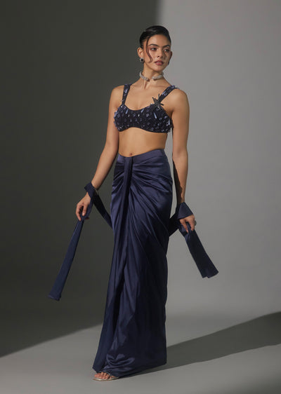 Navy Blue Velvet Embellished Crop Top And Milano Drape Skirt Set With Star Brooch