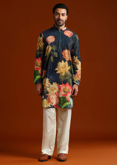 navy-blue-velvet-kurta-set-for-men-with-print-sg332516-1