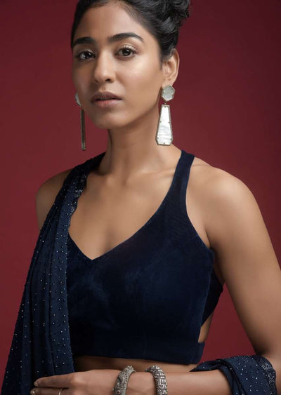 navy blue blouse in velvet with halter straps and sweetheart neckline online - kalki fashion - sg20909 5 3