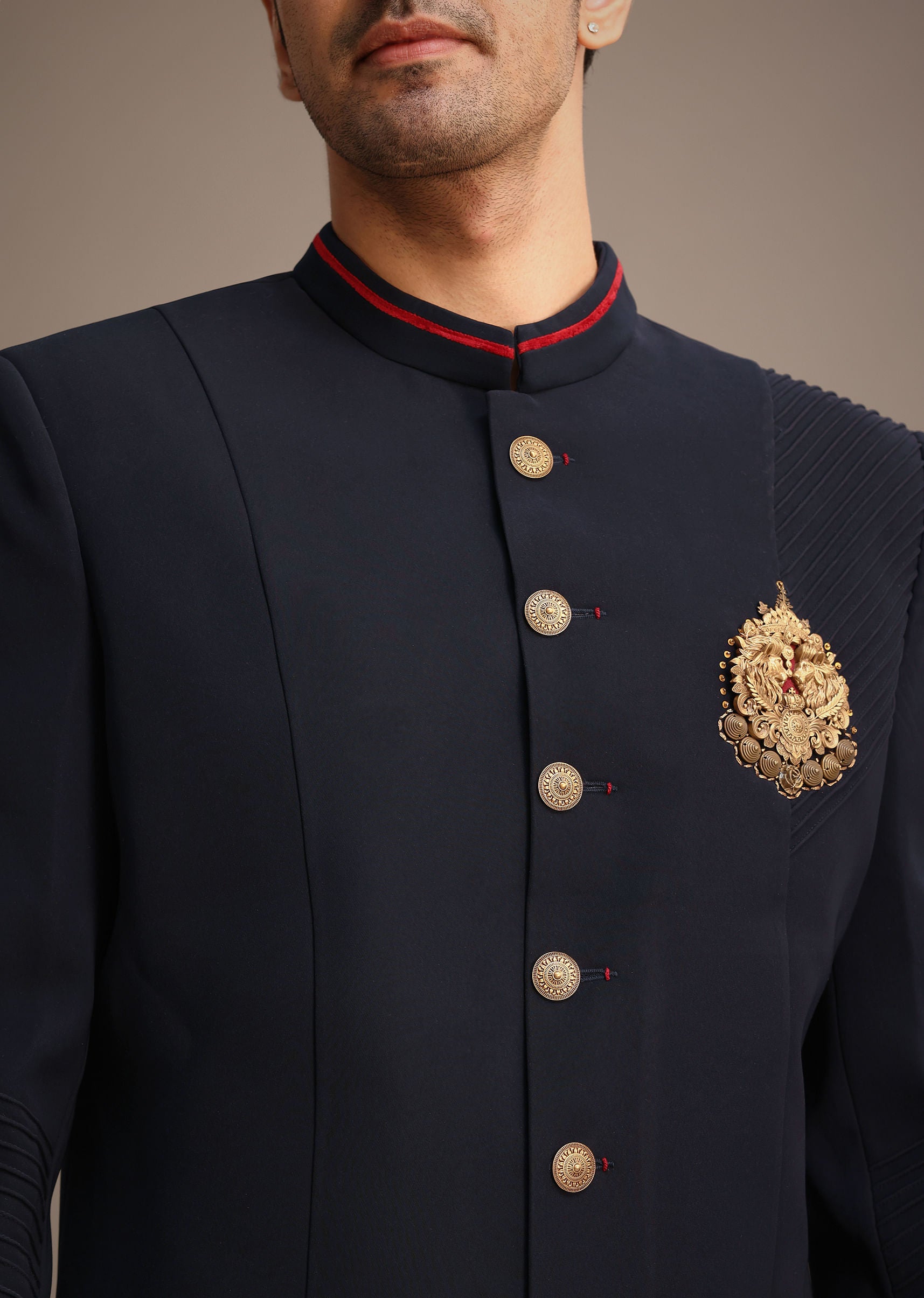 Buy Navy Blue Indo Western Set With Brooch Detail For Men Online