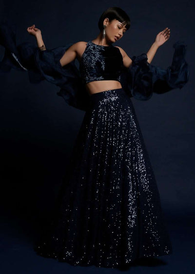 navy blue lehenga in sequins fabric with cut dana embellished crop top and ruffle dupatta online - kalki fashion 3
