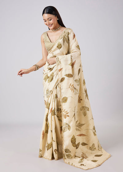 Off White Floral Printed Saree with Blouse