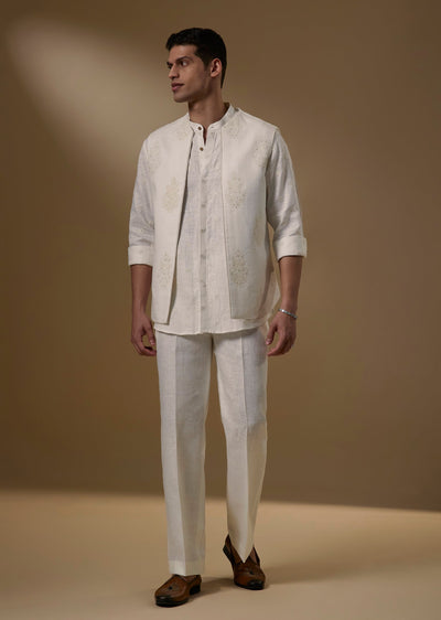Off White Linen Jacket Kurta Set With Tonal Floral Embroidery