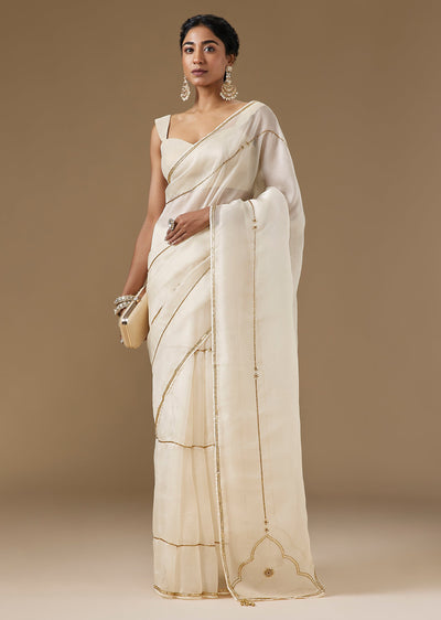 Off White Pure Organza Saree With Sequin Embroidered Blpuse