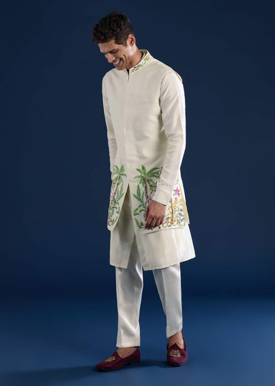 off white mens silk jacket kurta set with resham-sg357268-7 7