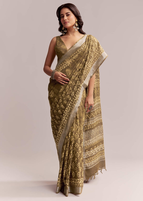 olive-green-linen-printed-saree-with-heritage-ajrakh-geometric-print-sg311982-1