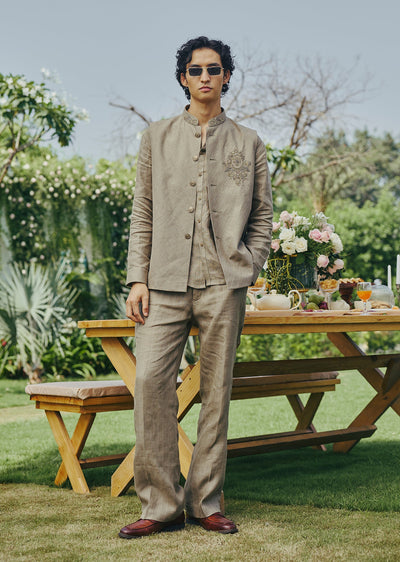 Olive Linen Silk Hand Embroidered Jacket And Shirt Set