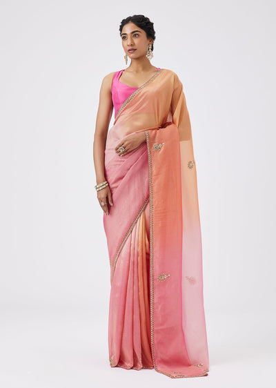 Ombre Pink Butti Embroidered Tissue Saree
