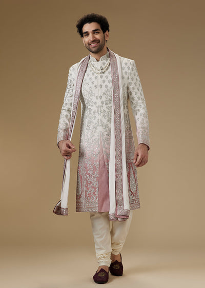 Ombre White And Pink Silk Sherwani With Sequin And Bead Embroidery