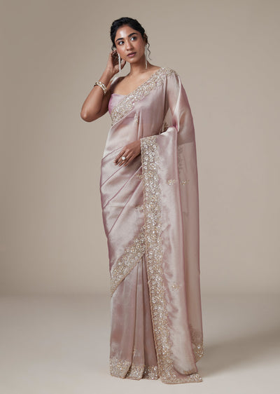Onion Pink Tissue Saree With Sequined Border And Unstitched Blouse