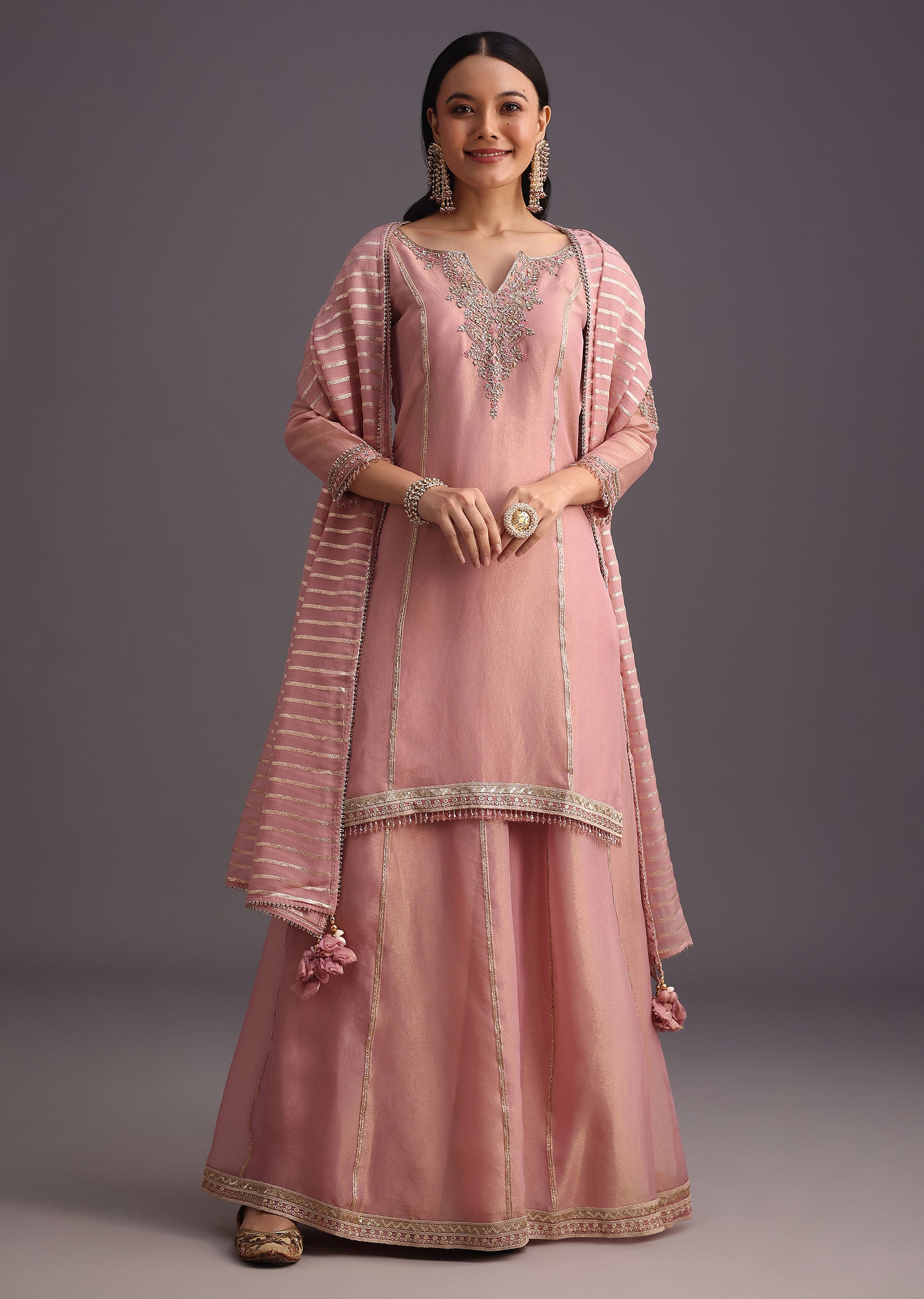 Onion Pink Embroidered Kurti Palazzo Set With Dupatta| KALKI Fashion India