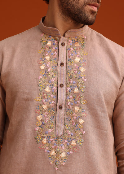 onion pink floral resham hand embroidered kurta set in linen-sg273136 7