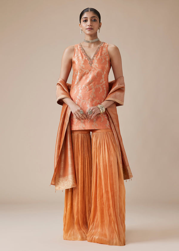 Orange Pure Banarasi Brocade Sharara Suit Set