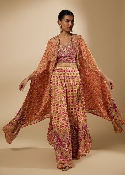 Orange Indie Printed Crop Top Palazzo Set With Cape