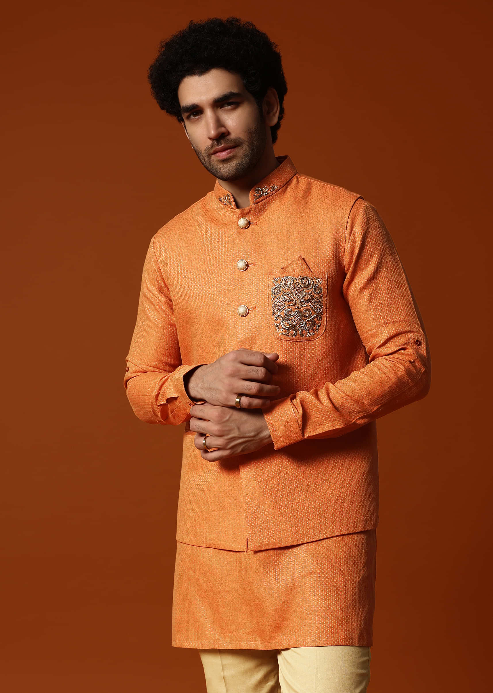 Buy Orange Linen Kurta Jacket Set For Men KALKI Fashion India