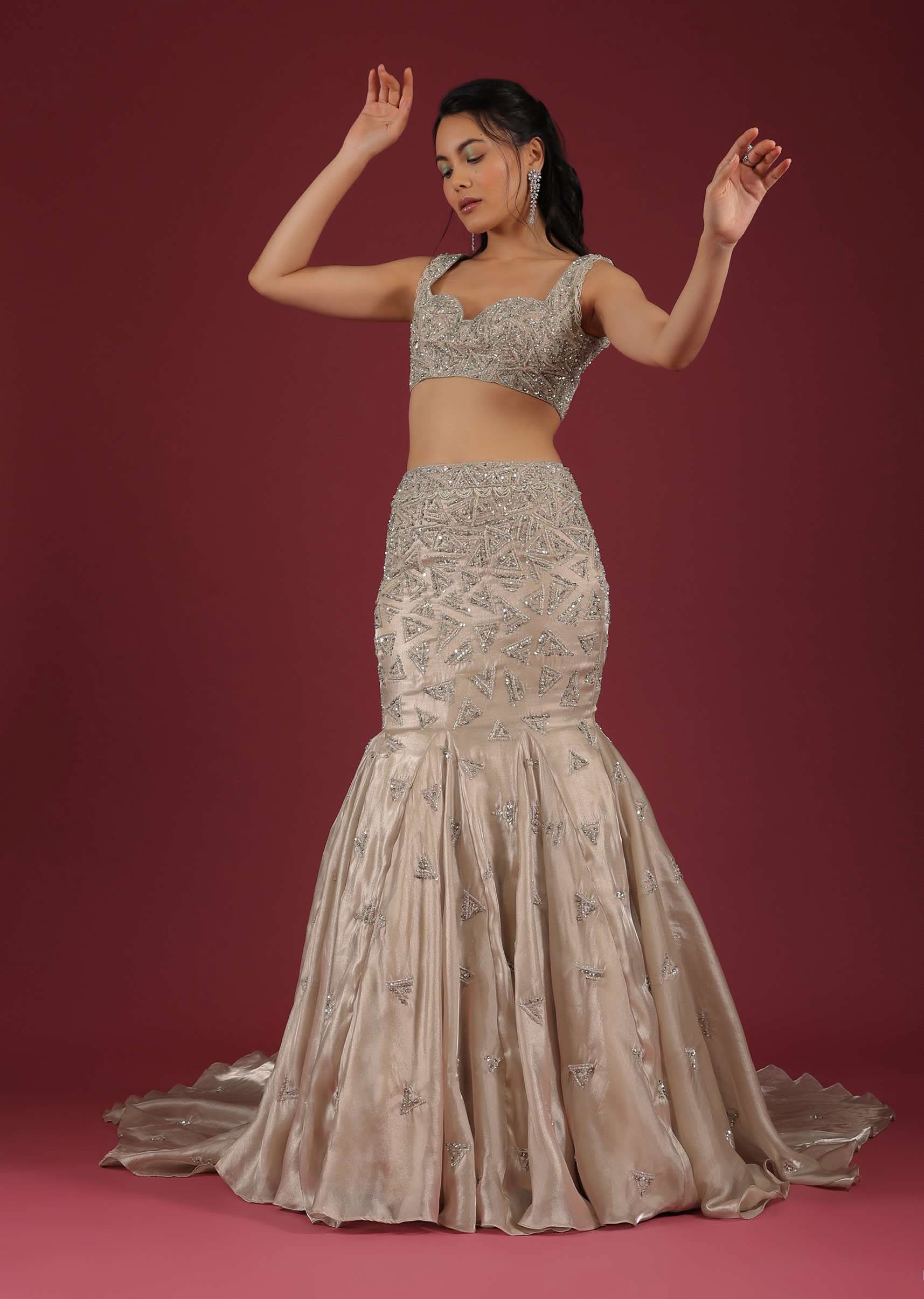 Buy Organza Oyster Mermaid Lehenga With A Stone Motif Veil And Crop Top|  KALKI Fashion India