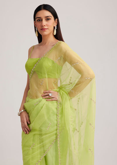 parrot green organza saree with cutdana embroidery-sg278122 13