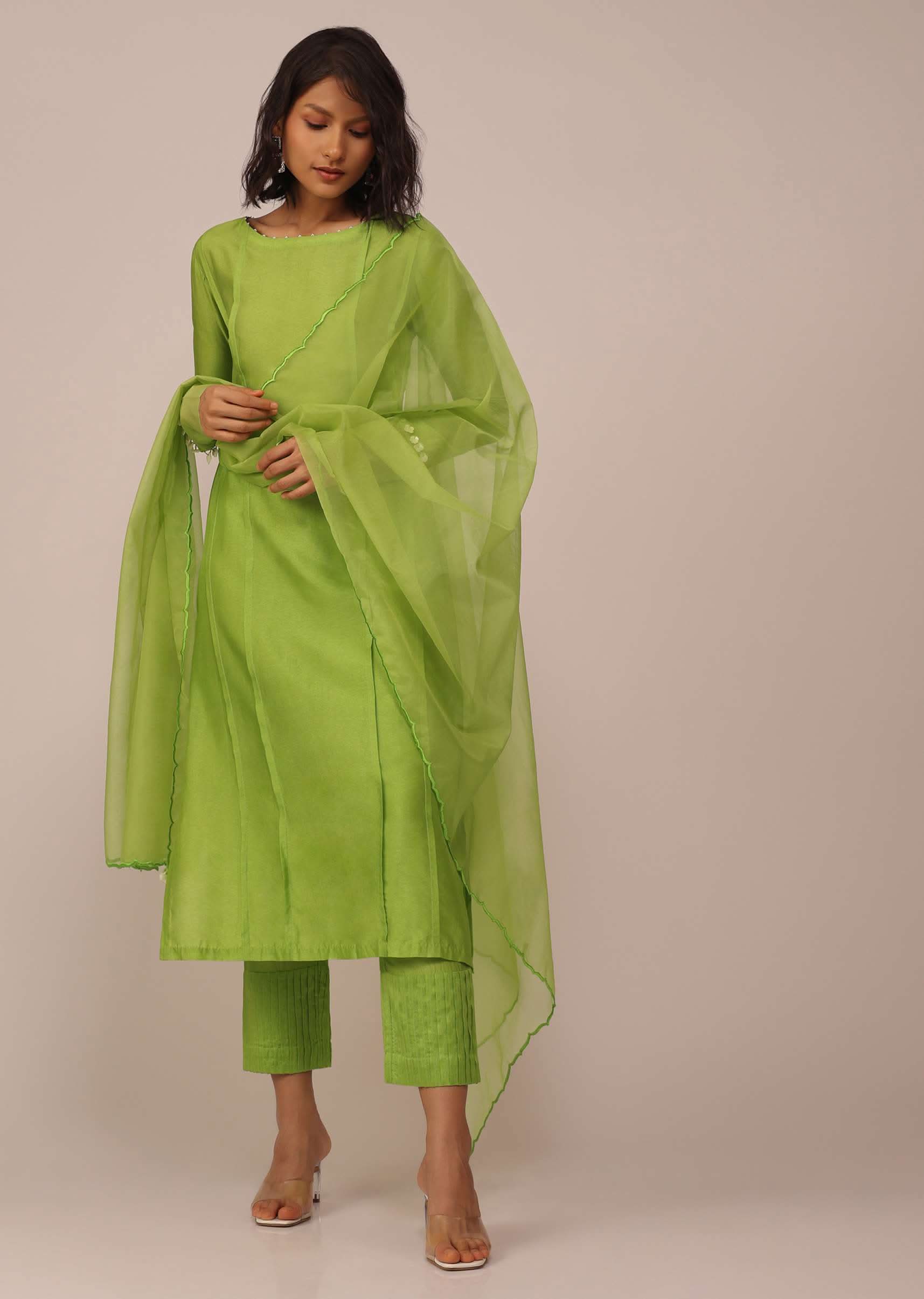 Buy Parrot Green Suit Set In Art Silk With Tassels On The Sleeves| KALKI  Fashion India