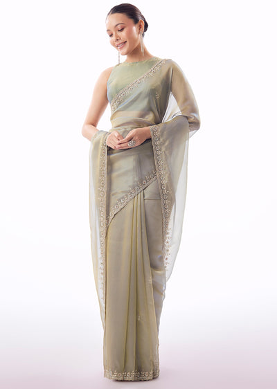 Pastel Blue Tissue Saree With Scallop Border And Cutdana Sequin Hand Embroidery