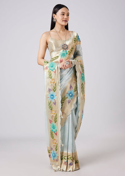 Pastel Grey Hand Painted Saree with Blouse