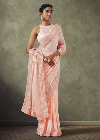 Peach Chinon Saree With Cut Dana And Sequin Embellished Pallu
