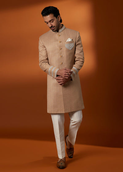 Peach Matka Silk Sherwani Set With Mirror And Dori Work