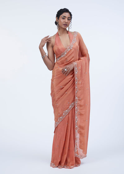 Peach Organza Butti Embroidered Saree With Unstitched Blouse