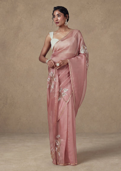 Peach Organza Saree With Sequin Jaal Embroidery And Unstitched Blouse