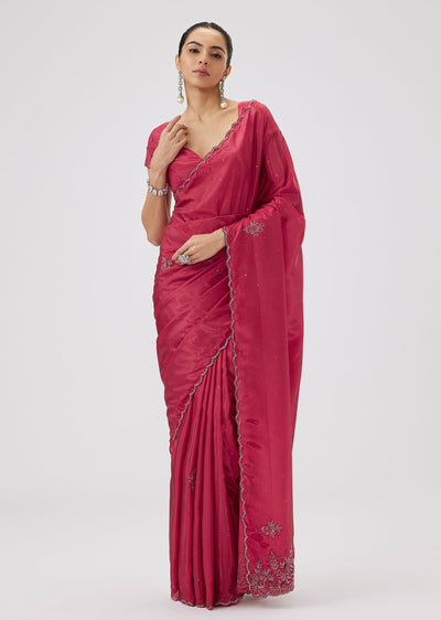 Peach Satin Saree With Cut Dana And Sequin Floral Jaal Embroidery