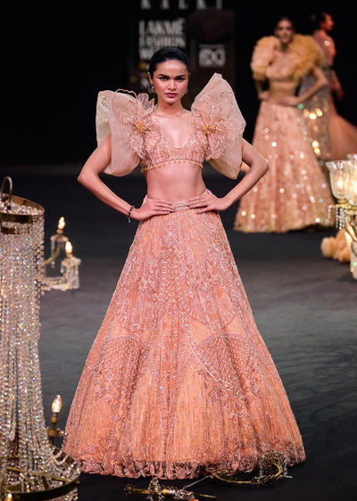 peach zardosi lehenga with dramatic net sleeves blouse-sg226285
