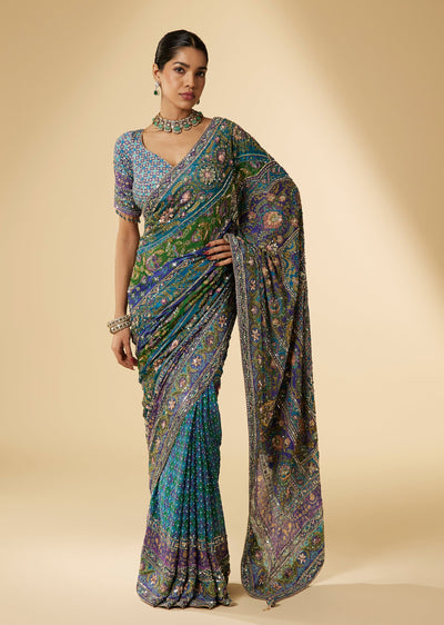 Blue Chiffon Digital Print Saree With Embellished Border And Ready Stitched Blouse