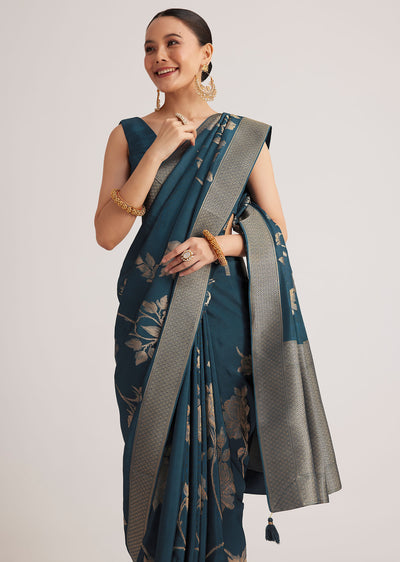 peacock blue dola silk saree with floral motif-sg275673 13