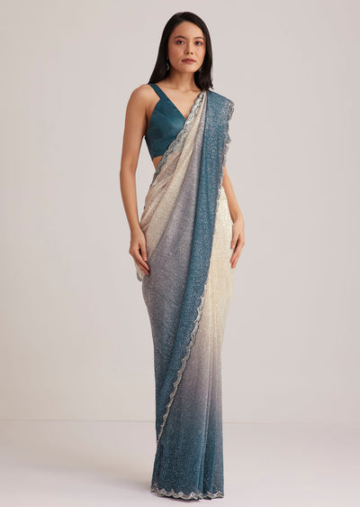 peacock blue ombre sequins saree with scalloped-sg261251 9