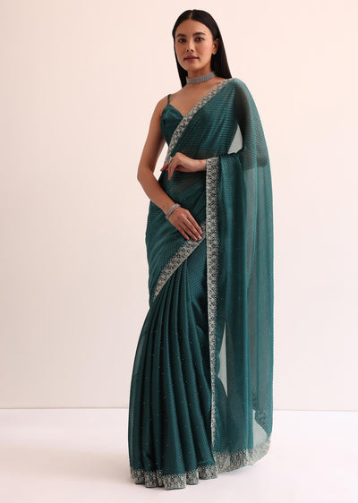 peacock blue organza saree with cut dana embroidery-sg213217 8