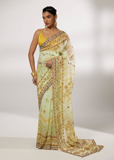 Pine Green Organza Floral Printed Saree With Embellishments