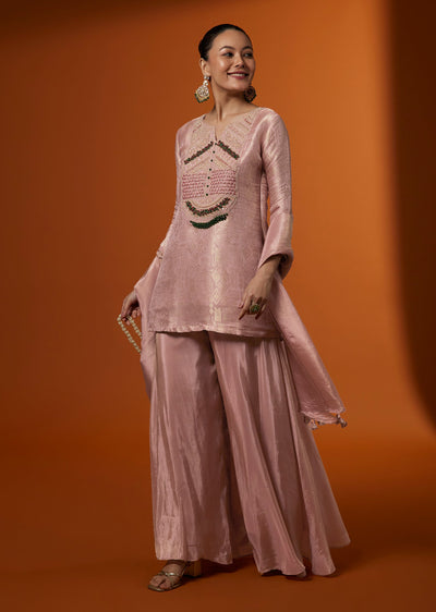 Pink Brocade Kurta Palazzo Set With Zardosi Embroidery