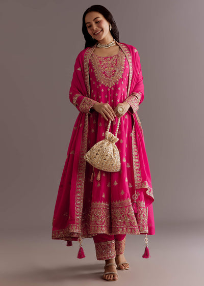 Pink Chinon Hand Embroidered Anarkali Suit With Dupatta