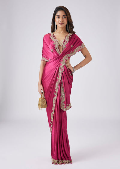 Pink Chinon Saree With Embellished Border