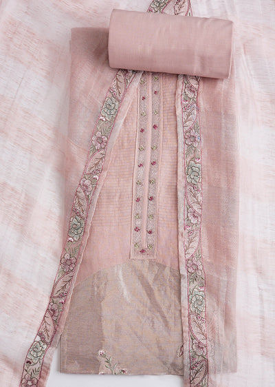Pink Cotton Resham Thread Embroidered Dress Material Set