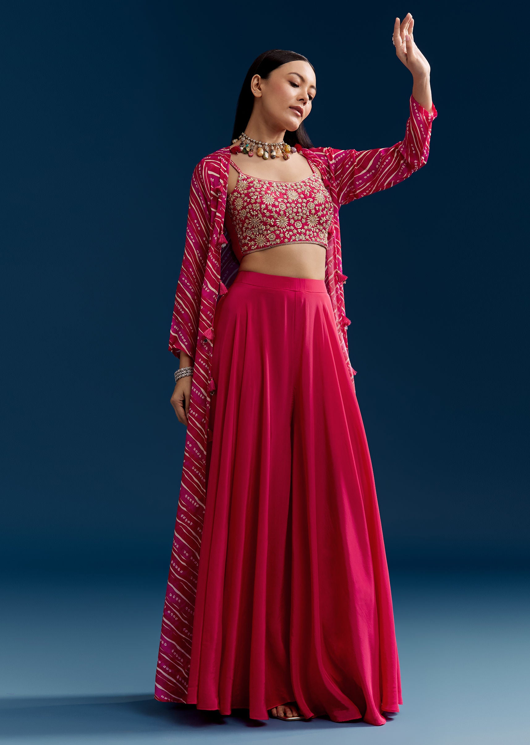 Buy Pink Crop Top Palazzo Set With Zardosi Jacket KALKI Fashion