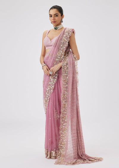 Pink Half And Half Sequin Saree With Cut Dana Embellished Border
