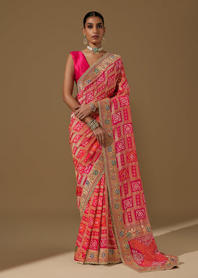 Pink Khaddi Georgette Gharchola Bandhani Saree with Zardozi Work