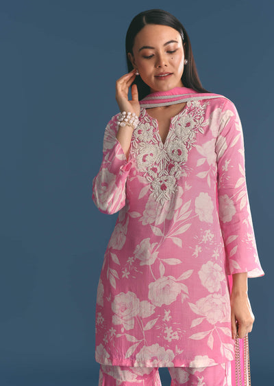 Pink Muslin Floral Print Kurta Sharara Suit With Moti Cutdana Work
