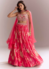 Pink Net Bridesmaid Lehenga With Floral Print And Heavy Embroidery