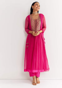 Pink Printed Chiffon Sequin Kurta Set With Dupatta