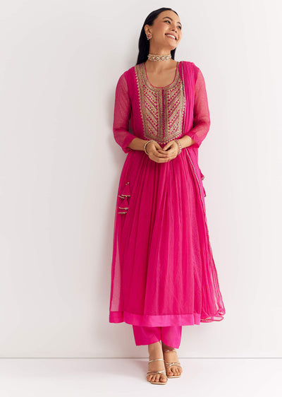 Pink Printed Chiffon Sequin Kurta Set With Dupatta