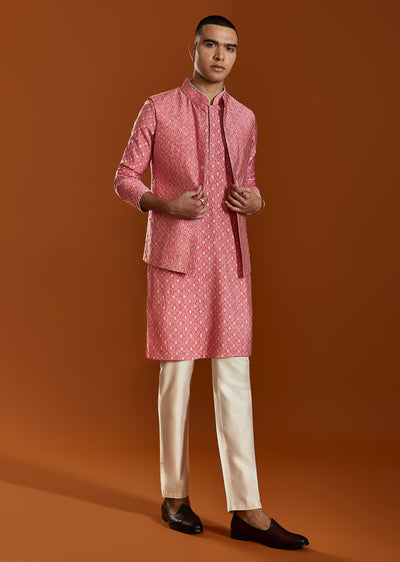 Pink Raw Silk Kurta Jacket Set