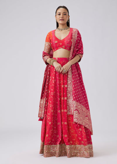 Pink Silk Lehenga Choli With Floral Weave